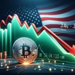 leek and modern header graphic for a crypto blog article titled 'USA: Inflation sinks to 3.4%, Bitcoin price rises'. The image features a downward trending inflation graph, the Bitcoin logo, and a positive upward trend line for Bitcoin. The US flag is subtly incorporated in the background with green used for the positive trend and red for the inflation decrease, designed in a clean and professional style