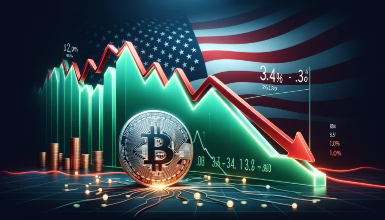 leek and modern header graphic for a crypto blog article titled 'USA: Inflation sinks to 3.4%, Bitcoin price rises'. The image features a downward trending inflation graph, the Bitcoin logo, and a positive upward trend line for Bitcoin. The US flag is subtly incorporated in the background with green used for the positive trend and red for the inflation decrease, designed in a clean and professional style