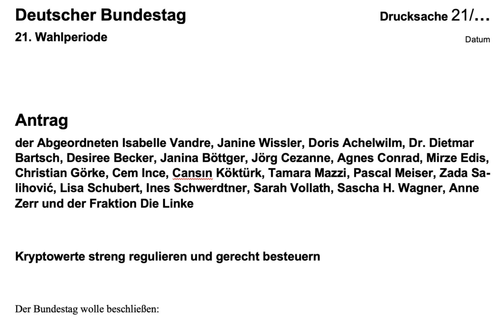 Antragsentwurf der Linksfraktion zur Krypto-Besteuerung