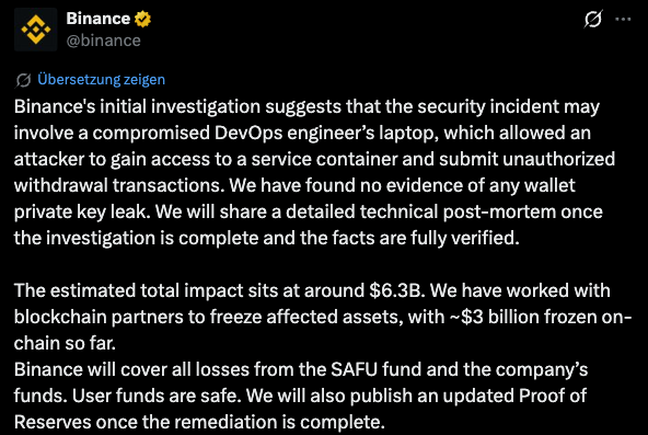 Screenshot X-Post von Binance zur Ursache: kompromittierter Laptop eines DevOps-Ingenieurs, Schaden rund 6,3 Mrd. US-Dollar