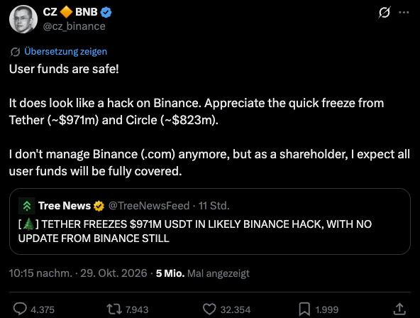 Screenshot X-Post von Changpeng Zhao (@cz_binance) zum Binance-Hack