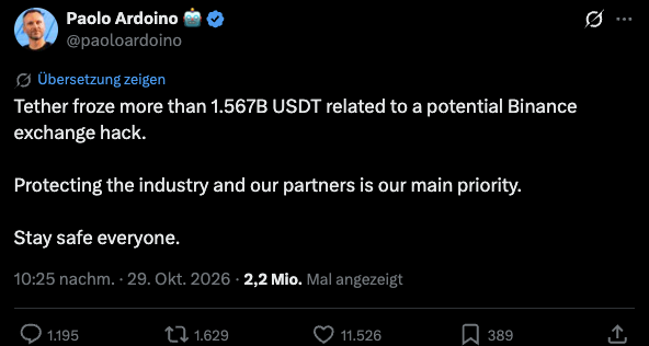Screenshot X-Post von Tether-Chef Paolo Ardoino: mehr als 1,567 Mrd. USDT eingefroren