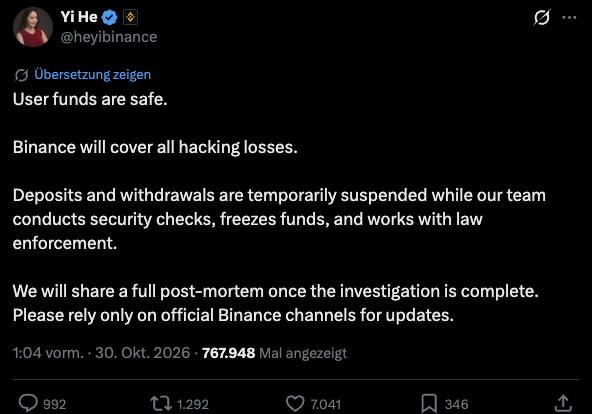 Screenshot X-Post von Yi He (@heyibinance): User funds are safe, Binance will cover all hacking losses