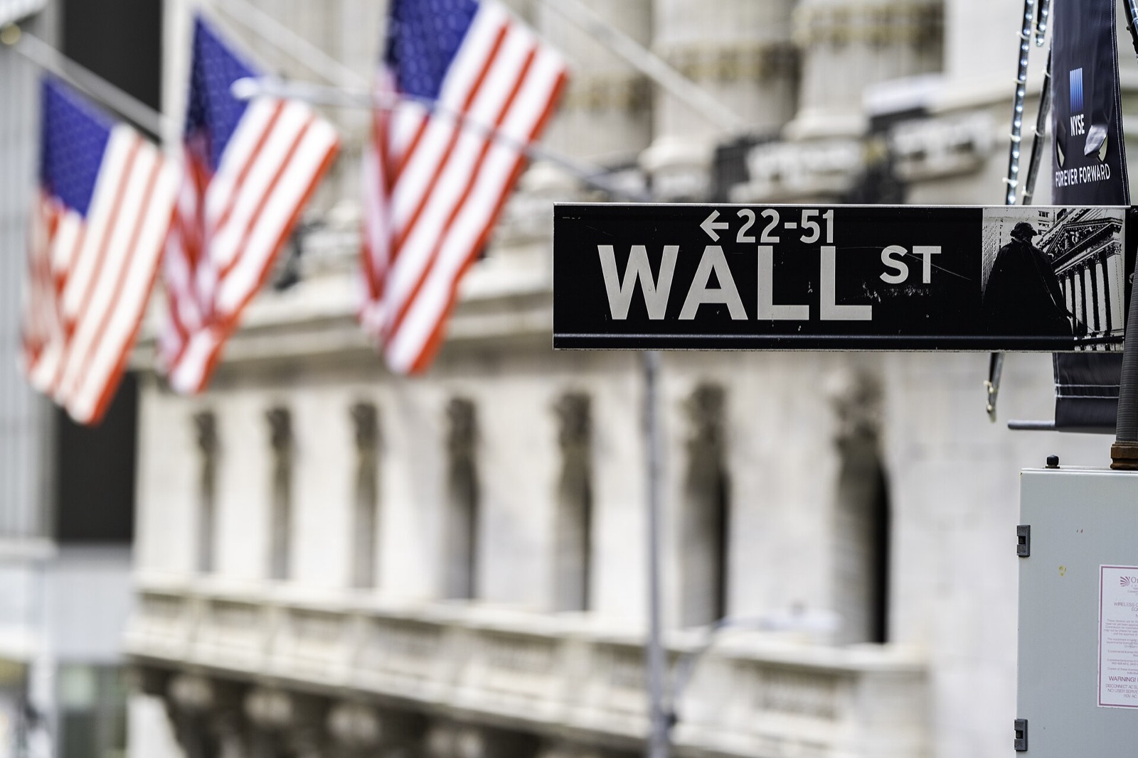 Straßenschild Wall Street vor der New Yorker Börse mit US-Flaggen